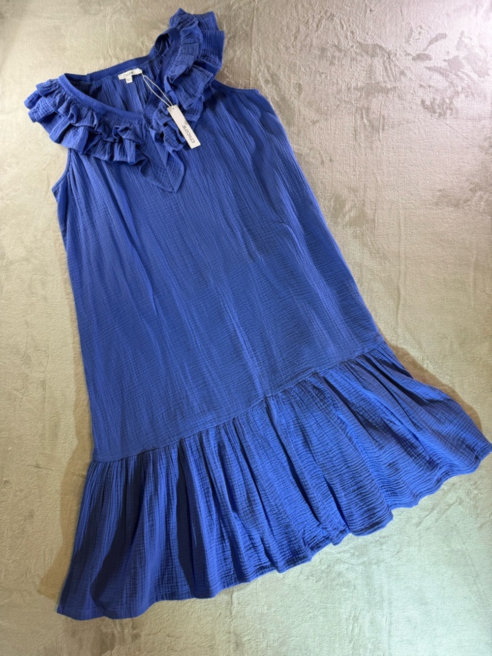 Chico's Royal Blue Ruffled Collar 100% Cotton Dress. US size 16